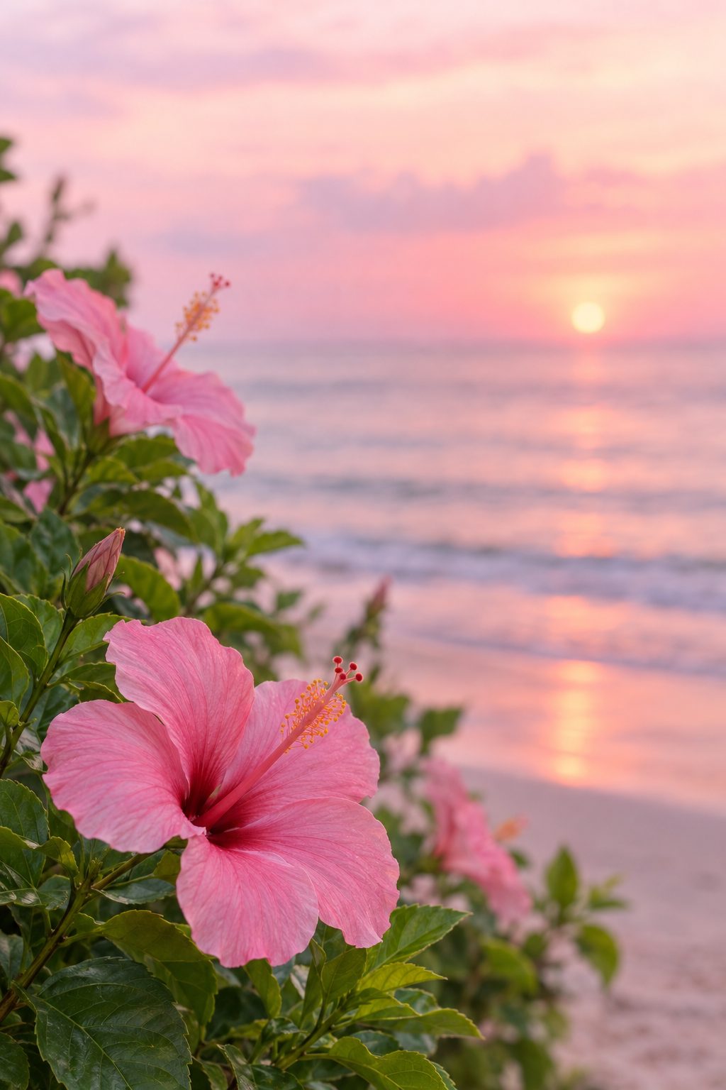 Pink hibiscus flowers in front of a pastel sunset over the ocean
