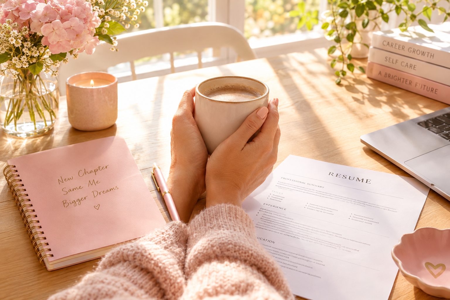 A woman's hands holding a coffee mug next to a notebook and résumé